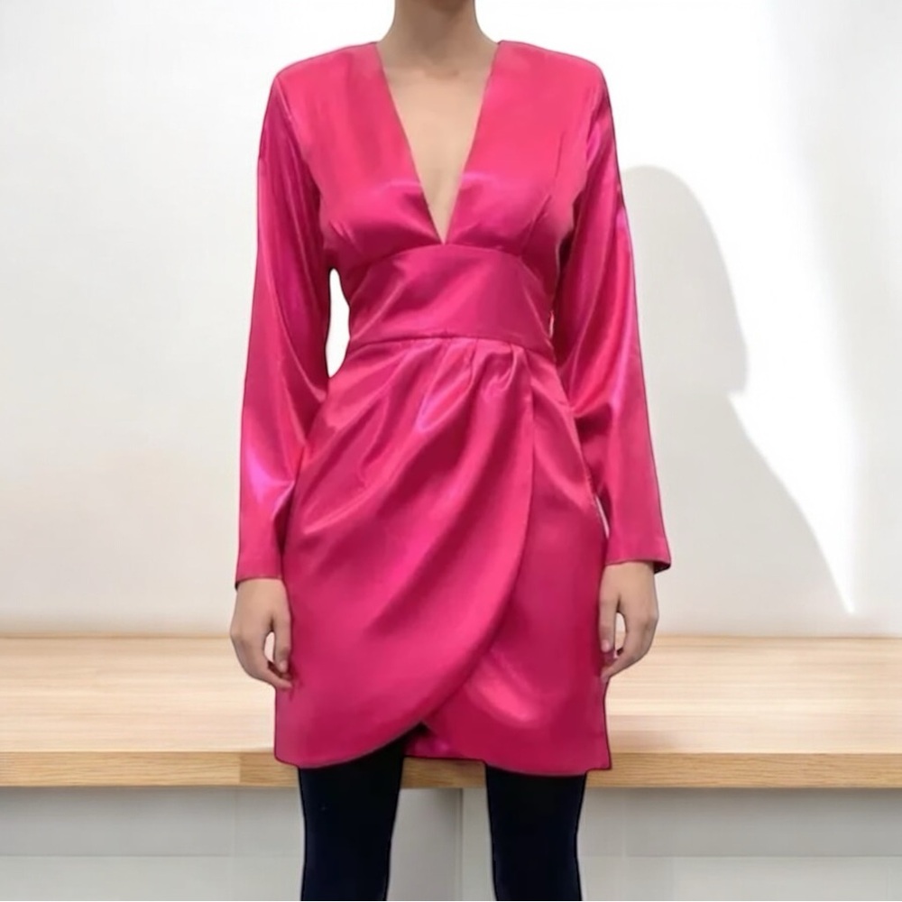 Zara Pink Metallic Foil Laminated Deep V Neck Longsleeve Dress Size Medium